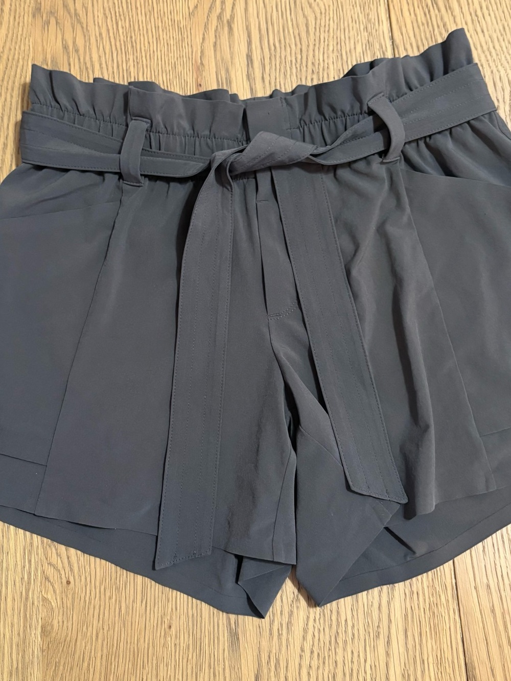 Athleta Charcoal High-Waist Paperbag Tie Shorts